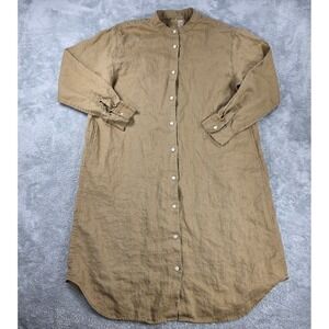 MUJI 100% Linen Band Collar Button Front Shirt Dress Brown Medium Lagenlook
